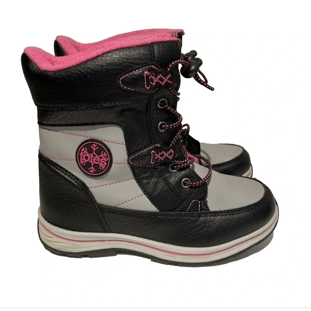 Totes Beaver Winter Snow Boots Girls Size 4 Black Pink Waterproof Lined EXC COND